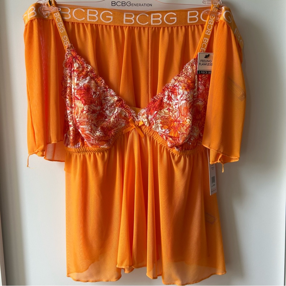 BCBGeneration 2 Piece Orange Floral Lingerie Set Plus Size 1X